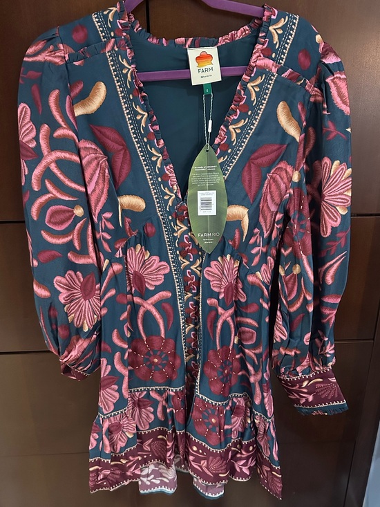 FARM Rio Dresses & Skirts - FARM Rio Teal Floral V-Neck Dress with Pink and Burgundy Accents